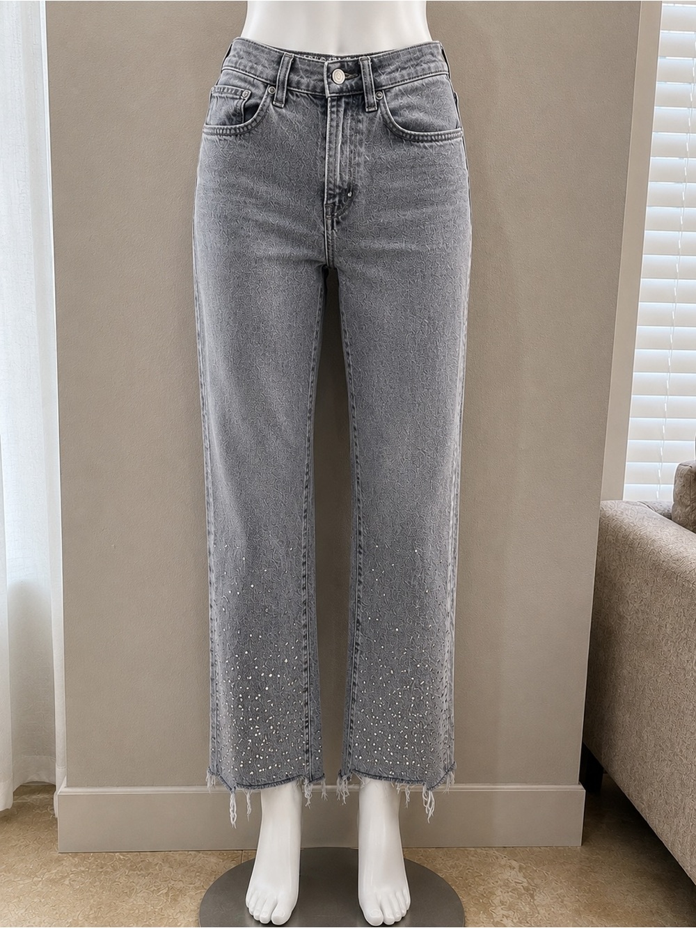 American Eagle Outfitters Gray Straight-Leg Jeans with Hem Embellishment